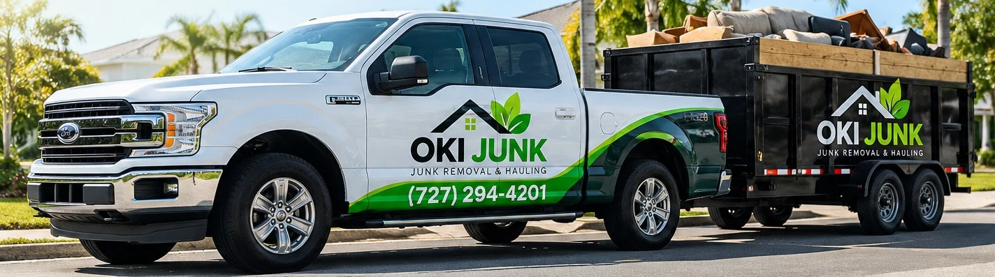 Concept image of a branded white OKI JUNK pickup truck towing a black dump trailer in a Florida neighborhood